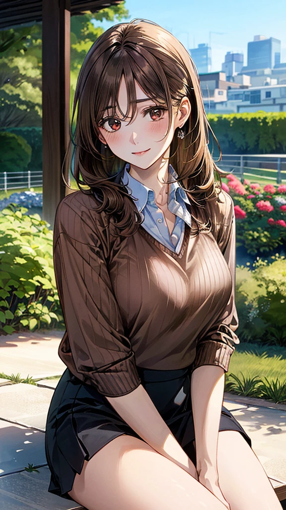 (masterpiece:1.2, Highest quality, Ultra-high resolution, Super detailed), (Realistic, photoRealistic:1.4), Beautiful illustrations, (Natural Side Lighting, Cinema Lighting), View your viewers, 1 Girl, Japanese, Adult women,30 years old, Perfect Face, (Perfect Anatomy), Cute and symmetrical face, Shiny skin, thin, (Updo Hair:1.3, Light brown hair), Hair between the eyes, Swept-apart bangs, Brown eyes, Droopy eyes, Big eyes, Long eyelashes, (Large Breasts), Beautiful Hair, Beautiful Face, Beautiful attention to detail, Beautiful clavicle, Beautiful body, Beautiful breasts, Beautiful thighs, Beautiful feet, (((Collared shirt:1.4), Wraparound skirt:1.4, Wearing a V-neck sweater over a shirt、(Brown V-neck sweater:1.3))), (Beautiful views), Depth of written boundary, morning, (garden, distant cityscape), Sitting on a bench, (Cute smile, Upward glance, Open your mouth),
