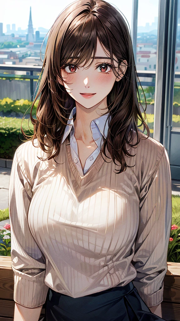 (masterpiece:1.2, Highest quality, Ultra-high resolution, Super detailed), (Realistic, photoRealistic:1.4), Beautiful illustrations, (Natural Side Lighting, Cinema Lighting), View your viewers, 1 Girl, Japanese, Adult women,30 years old, Perfect Face, (Perfect Anatomy), Cute and symmetrical face, Shiny skin, thin, (Updo Hair:1.3, Light brown hair), Hair between the eyes, Swept-apart bangs, Brown eyes, Droopy eyes, Big eyes, Long eyelashes, (Large Breasts), Beautiful Hair, Beautiful Face, Beautiful attention to detail, Beautiful clavicle, Beautiful body, Beautiful breasts, Beautiful thighs, Beautiful feet, (((Collared shirt:1.4), Wraparound skirt:1.4, Wearing a V-neck sweater over a shirt、(Brown V-neck sweater:1.3))), (Beautiful views), Depth of written boundary, morning, (garden, distant cityscape), Sitting on a bench, (Cute smile, Upward glance, Open your mouth),
