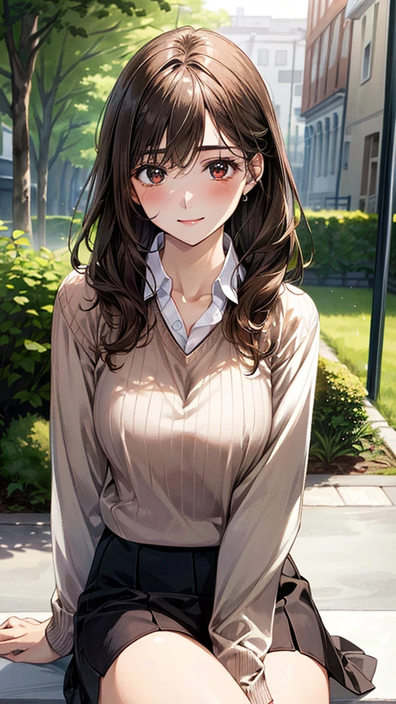 (masterpiece:1.2, Highest quality, Ultra-high resolution, Super detailed), (Realistic, photoRealistic:1.4), Beautiful illustrations, (Natural Side Lighting, Cinema Lighting), View your viewers, 1 Girl, Japanese, Adult women,30 years old, Perfect Face, (Perfect Anatomy), Cute and symmetrical face, Shiny skin, thin, (Updo Hair:1.3, Light brown hair), Hair between the eyes, Swept-apart bangs, Brown eyes, Droopy eyes, Big eyes, Long eyelashes, (Large Breasts), Beautiful Hair, Beautiful Face, Beautiful attention to detail, Beautiful clavicle, Beautiful body, Beautiful breasts, Beautiful thighs, Beautiful feet, (((Collared shirt:1.4), Wraparound skirt:1.4, Wearing a V-neck sweater over a shirt、(Brown V-neck sweater:1.3))), (Beautiful views), Depth of written boundary, morning, (garden, distant cityscape), Sitting on a bench, (Cute smile, Upward glance, Open your mouth),