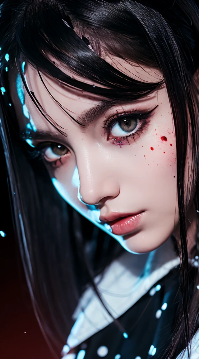 （This is a CG illustration..）(Tabletop:1.2, Highest quality), (Beautiful, detailed eyes: 1.2), (Detailed Background,Dark fantasy), (Beautifully detailed face), High Contrast, (Best lighting, Very delicate and beautiful), ((Cinematic Light)), colorful, Hyper Detail, Dramatic Light, Intricate details, (1 Girl, alone,Black Hair, Sharp Face,Low twin tails,Red eyes, Hair between the eyes,Dynamic Angle), (Blood splatter:1.4), Black light swirling around the character, Depth of written boundary,Blacklight Particle Loken Zic Circle,