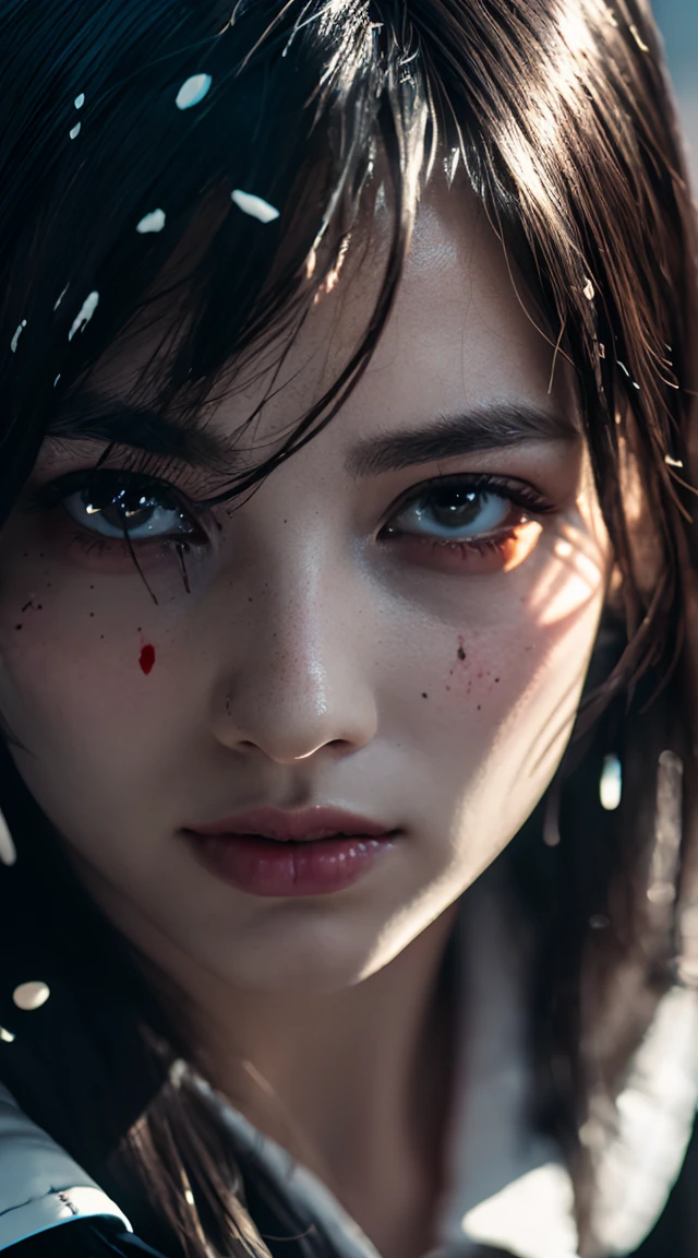 (This is a CG illustration..)(Tabletop:1.2, Highest quality), (Beautiful, detailed eyes: 1.2), (Detailed Background,Dark fantasy), (Beautifully detailed face), High Contrast, (Best lighting, Very delicate and beautiful), ((Cinematic Light)), colorful, Hyper Detail, Dramatic Light, Intricate details, (1 Girl, alone,Black Hair, Sharp Face,Low twin tails,Red eyes, Hair between the eyes,Dynamic Angle), (Blood splatter:1.4), Black light swirling around the character, Depth of written boundary,Blacklight Particle Loken Zic Circle,