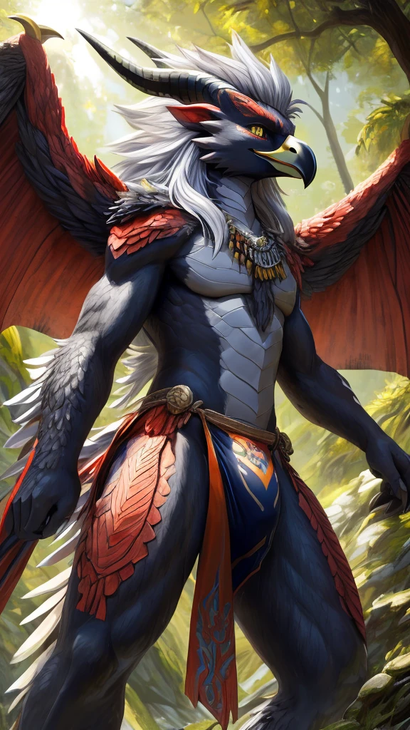 ultra-detailed, masterpiece, masterwork, high quality, best quality, hdr, (nature, japanese style), nsfw, male, solo, dragon, avian, (bulge loincloth), (navy little body crow), (long silver hair, beak, horn), detailed yellow eyes, tsurime, standing, dynamic angle, wings