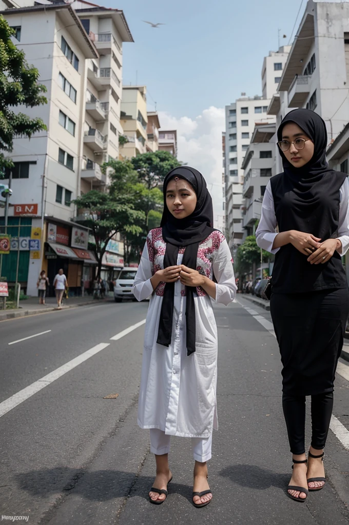 Pria usia 40 dan istri Indonesian usia 40 tahun dan anak wanitanya usia 17 tahun berjalan di jalan becek dengan pakaian muslim 