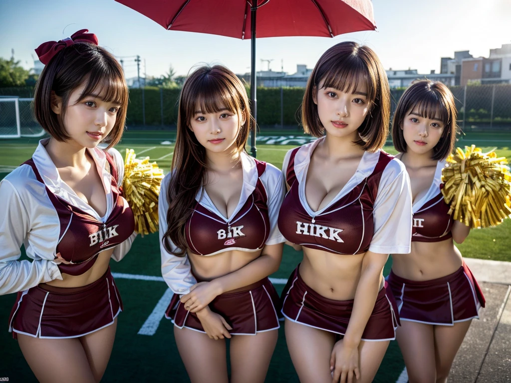 (RAW photo, 4k, masterpiece, high resolution, extremely complex) (realistic: 1.4), cinematic lighting
((2 girls, 2 schoolgirls)),blushing,((innocent)),bright eyes,round eyes,blunt bangs,(short bob hair:1.3),black hair,large breasts,wide hips,Summer Noon, ,Hot, (Best Quality), (Highres), (an Extremely Delicate and Beautiful),(Beautiful 8k face),(Brown eyes),( spectators),(gigantic breasts),(Play with each other,Touching each other's bodies,Touching the body),(cheer girl:1.5),(a miniskirt),(reality),bright lighting,(The background is a luxury hotel room)