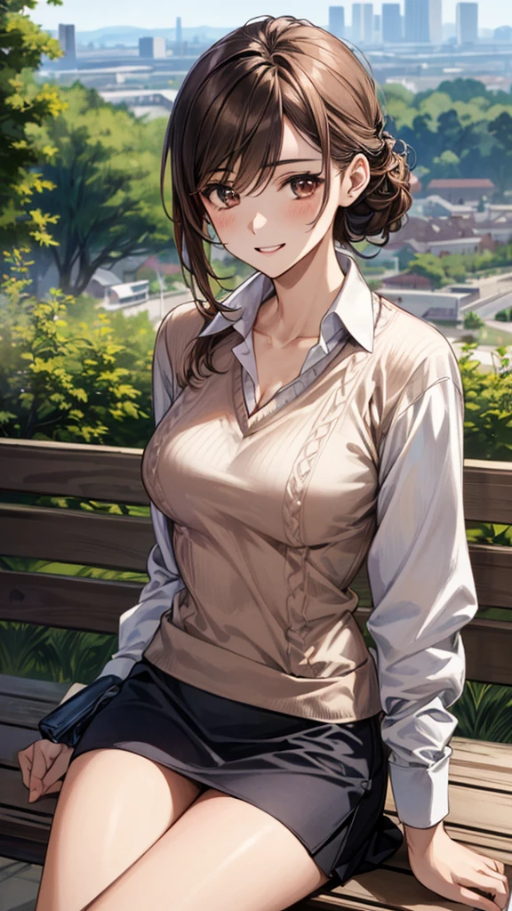 (masterpiece:1.2, Highest quality, Ultra-high resolution, Super detailed), (Realistic, photoRealistic:1.4), Beautiful illustrations, (Natural Side Lighting, Cinema Lighting), View your viewers, 1 Girl, Japanese, Adult women,30 years old, Perfect Face, (Perfect Anatomy), Cute and symmetrical face, Shiny skin, thin, (Updo Hair:1.3, Light brown hair), Hair between the eyes, Swept-apart bangs, Brown eyes, Droopy eyes, Big eyes, Long eyelashes, (Large Breasts), Beautiful Hair, Beautiful Face, Beautiful attention to detail, Beautiful clavicle, Beautiful body, Beautiful breasts, Beautiful thighs, Beautiful feet, (((Collared shirt:1.4), Wraparound skirt:1.4, Wearing a V-neck sweater over a shirt、(Brown V-neck sweater:1.3))), (Beautiful views), Depth of written boundary, morning, (garden, distant cityscape), Sitting on a bench, (Cute smile, Upward glance, Open your mouth),