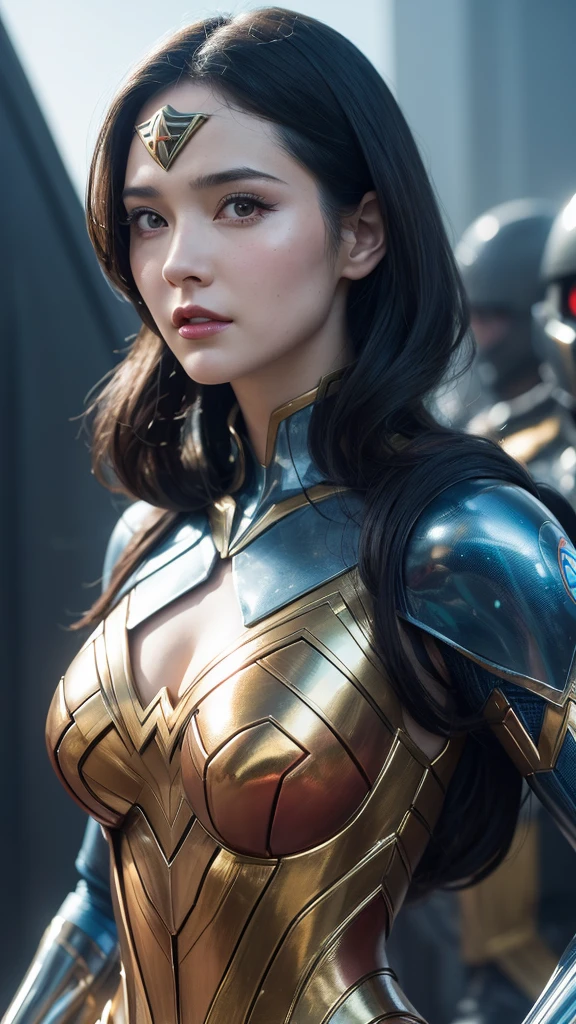 Close-up of a costumed woman and a group of aliens, James Jean Soft Light 4K, Wow : :, Art Deco style, Wonder Woman Portrait, Inspired by Noriyoshi Ohrai, Trending on artstation, Mechanized Soldier Girl, Ski resort : :