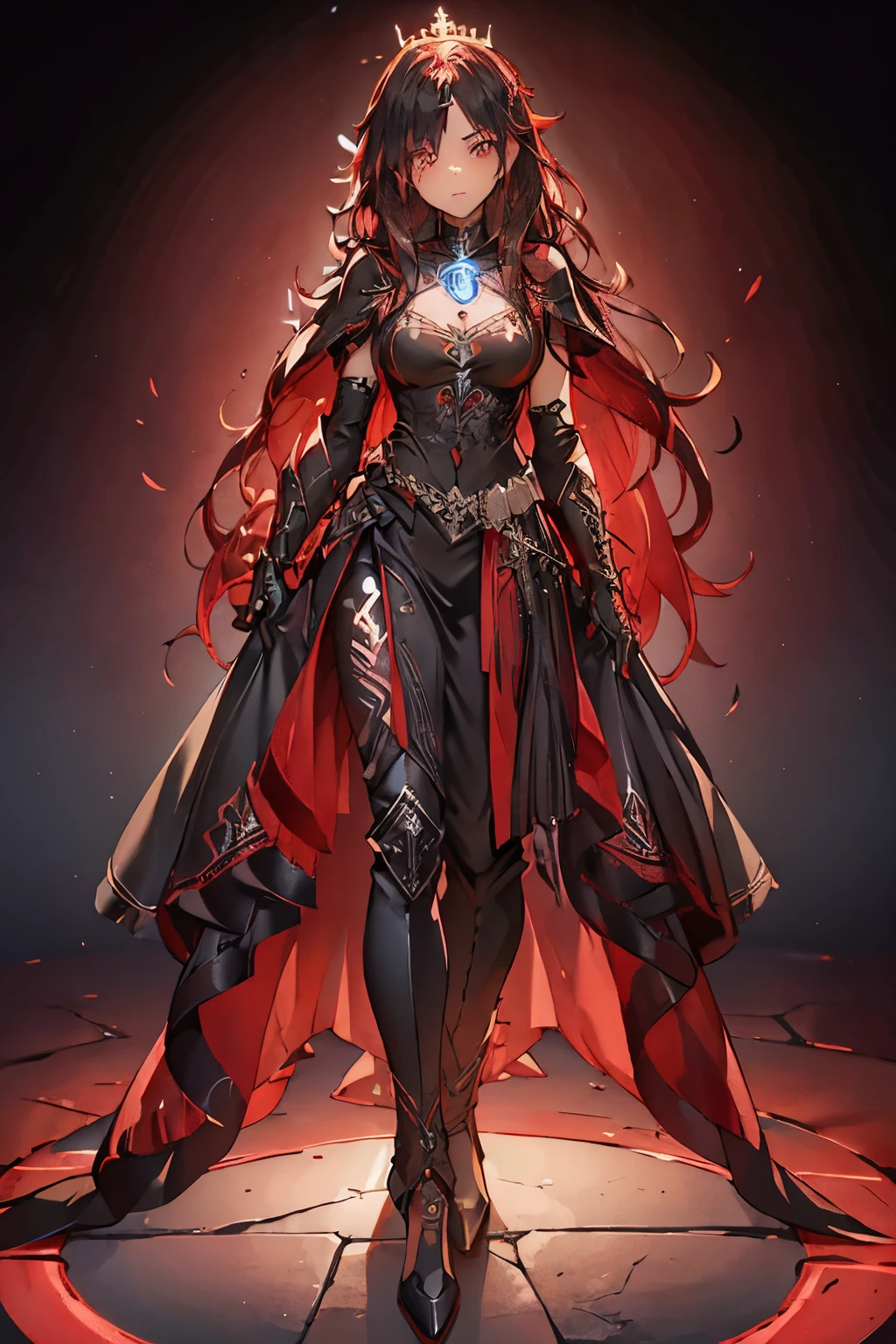 4K high resolution, one female, (((Glowing Rune Tattoos))), red and black hair, princess dress cape and pants, armor, crown