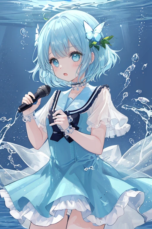 girl,cute,water色のふんわり長い髪の毛に毛先が白,Aquamarine jewel-like eyes,water色のふんわりとしたcute制服,water,Beautiful,water色の蝶の髪飾り,microphone,microphoneにwater色の蝶の飾りがついてる,singer