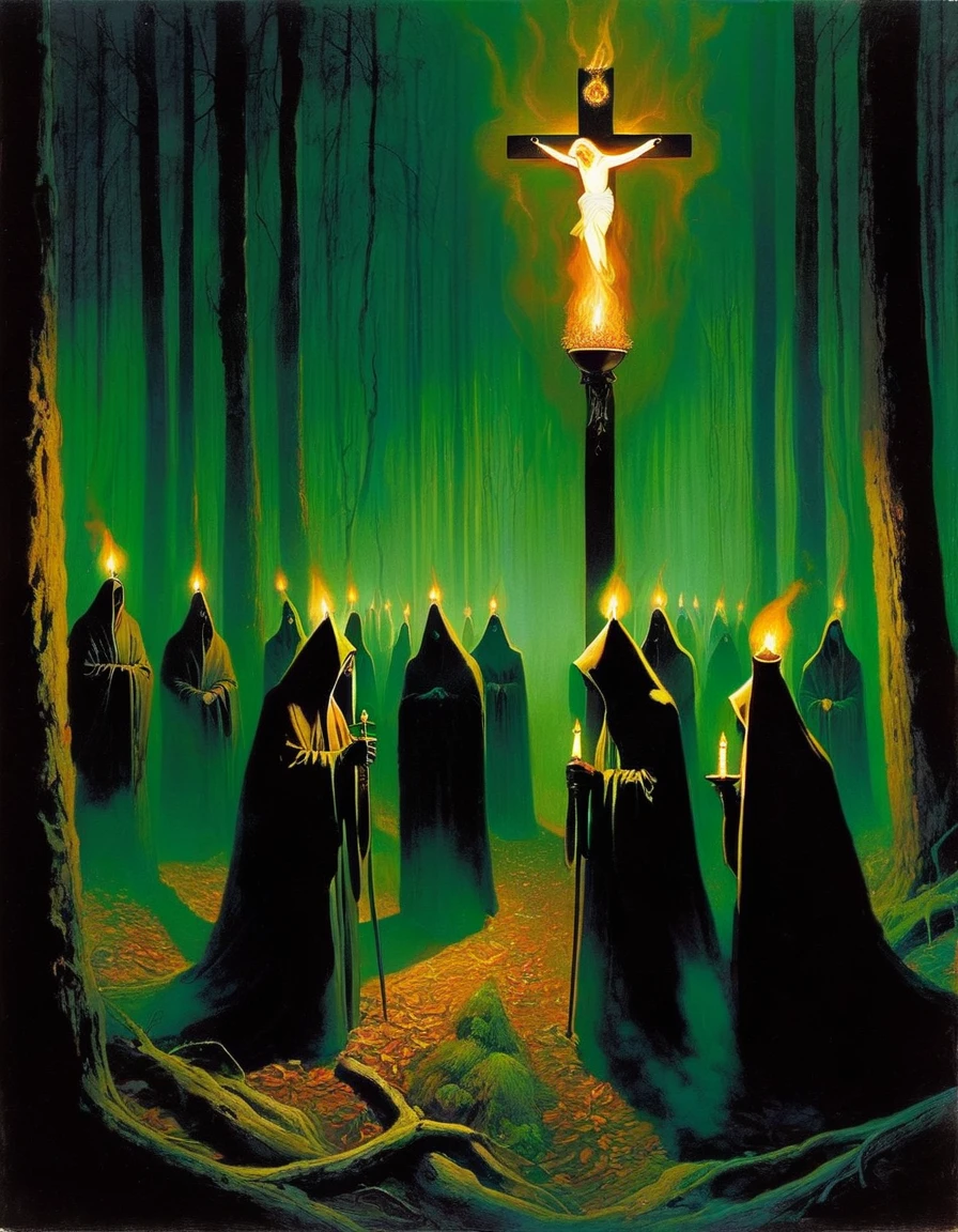 The company is the gathering of souls from Purgatory. At twelve o'clock at night the deceased get up, they go out in procession through the forest paths, a living person goes in front with the cross and the cauldron of holy water, and cannot, under no excuse, turn your head. Each deceased carries a light that cannot be seen, but the smell of burning wax is clearly perceived.(art inspired by Bill Sienkiewicz). oil painting)