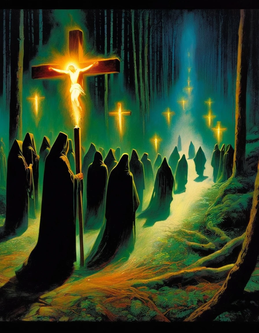 The company is the gathering of souls from Purgatory. At twelve o'clock at night the deceased get up, they go out in procession through the forest paths, a living person goes in front with the cross and the cauldron of holy water, and cannot, under no excuse, turn your head. Each deceased carries a light that cannot be seen, but the smell of burning wax is clearly perceived.(art inspired by Bill Sienkiewicz). oil painting)
