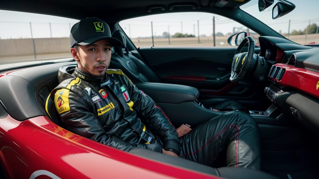 take a photo of lewis hamilton with a ferrari car ferrari red green with the halo protection pirelli tires in a car as designed by the FIA ​​for 2026 and 2025 with the helmet inspired by senna's helmet green yellow and black