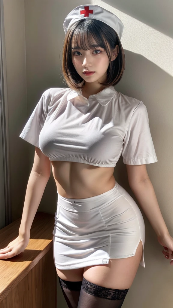 masterpiece, best quality, illustration, Super detailed, fine details, High resolution, 8K,wall paper, perfect dynamic composition,(Details High quality, realistic depiction of eyes:1.3), Hospital Rooms、White nurse cap、White tights、White nurse uniform、to stand、Hand skirt、Flipping up a white skirt, large breasts,short bob hair, black hair color, Big Natural Color Lip, bold sexy pose, crying a little、Harajuku style、20 year old girl、cute type、****ta、beautiful legs, hposing Gravure Idol