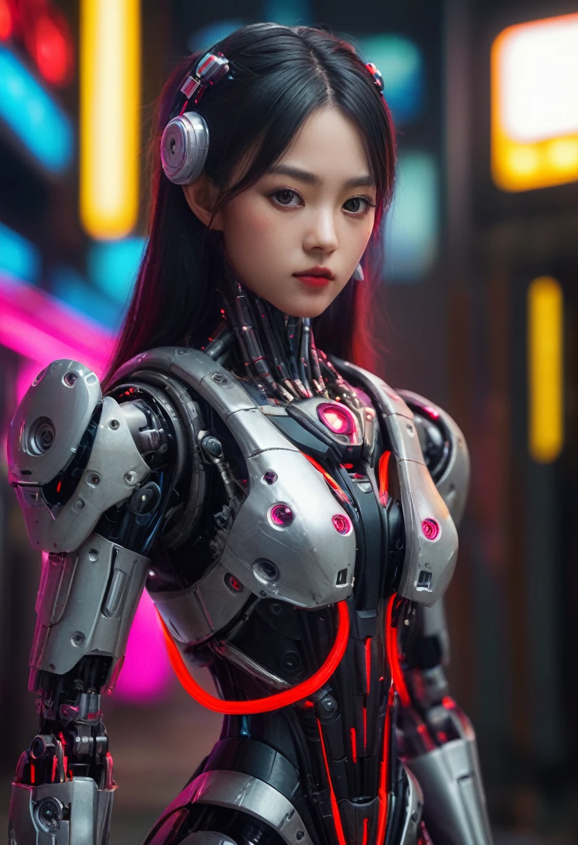 xxmixgirl. Highly detailed professional 35mm film, bokeh, face in sharp focus. A robotic female, Miku, with ((metal skin)), ((perfect Asian eyes)) with magenta irises and ((black pupils)), beautiful serious (detailed face), 18 year old ((photorealistic face)), very long magenta twin tails of magenta hair, twin black hair ties with a single red stripe. She may have a black audio headpiece. We can see her ((full body)) down to her boot soles. Her outfit is a sleeveless collared light grey shirt, outlined in red around the frilled collar and hems. Shiny reflective ((metallic breast cups, dimpleless)), invisible nipples. She wears black sleeves with red hems that start around her upper arm and bellow out as the sleeves open and extend to her wrists, with wide trumpet red rimmed cuffs. She has perfect robotic (detailed hands). She wears a red colored tie with two horizontal solid parallel black lines halfway across. She wears a fabric black skirt with a horizontal red hem at the bottom all the way around; her (((black skirt wraps around her))) and ((her skirt completely covers)) her robotic waist and thighs. Tall black boots with red bottom soles, a red rim around the top at her thighs. Her mechanical shoulder joints are visible. We can see her robotic legs and robotic neck. Half of her is covered with shiny polished machinery. The background is a distant dark neon futuristic Japanese city, gold, cyan, violet neon, near harbor or mountains.