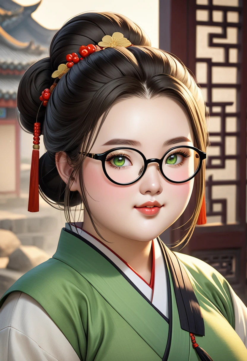 chubby girl, Blonde with green eyes, medium length hair, open forehead, round facial features, glasses with black square frames 
Китайский стиль одежды, Ancient China 