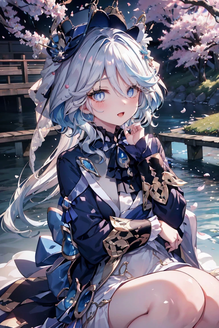 masterpiece, best quality, ultra-detailed, glistening shiny, glowing light, ray tracing, HDR, deph of field, (perfect face, detailed face, detailed eyes,perfect hands),8k,HD,ultra realistic face,ray tracing,perfect lighting,((wearing white wedding dress)),best quality, ultra-detailed, shiny eyes, (looking at viewer,open mouth smile:1.1), ((1girl)), thighs,pov, furina,long hair,hair over one eye,((gradient hair)),multicolored eyes, gradient eyes, (glowing eyes:1.5), mascara, (fashion make up), parted lips,blush,hat flower, ((middle of japanese countryside,japanese bridge,over the bridge,river,cherry trees,cherry petals,dark blue sky,Koi on river)),(complex background, many elements in the background:1.2),((super detailed background)), poses, ((8k wallpaper)),