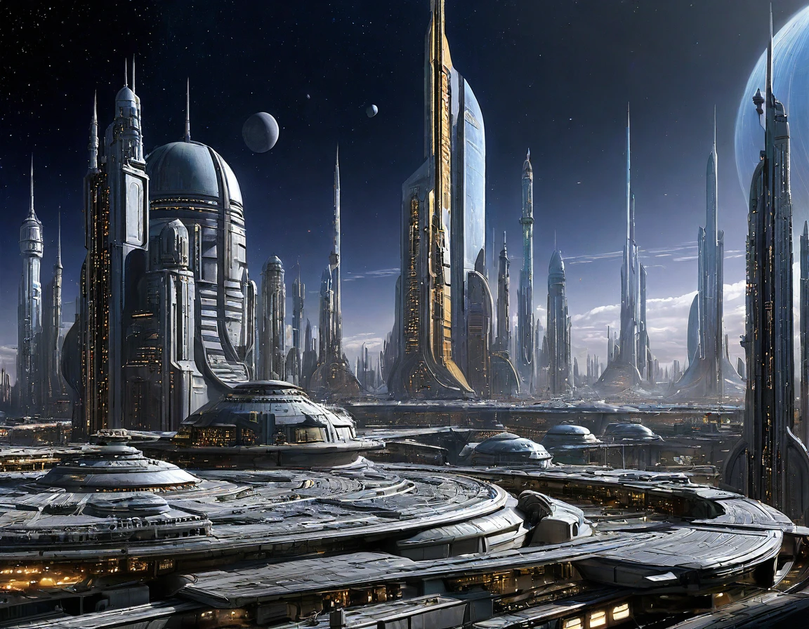 The city of Coruscant from Star Wars as designed by Doug Chiang, futuristic fantasy city with immense buildings of technological design (que forman una avenida infinita), edificios compactor no difuminados, con estructuras acristaladas en plata, oro y bronce espectaculares, (con colores vivos). pavimento ensolado (sin brillo). gente paseando. imagen bien definida con muchos edificios juntos. imagen nitida bien definida 8k. los edificios llegan alta el fondo.,8k. imagen cinematografica. iluminacion hora dorada. calidad superior. (obra maestra).