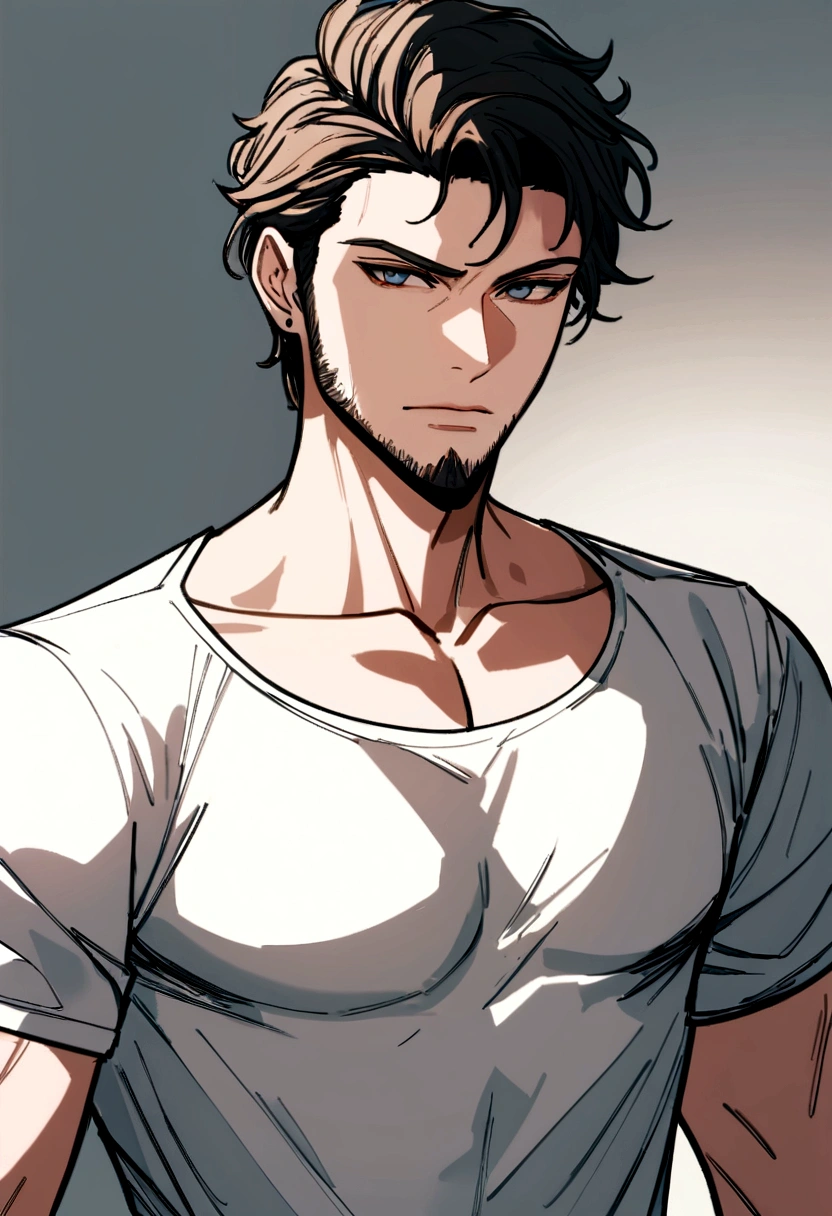 (Camiseta masculina branca), ), (usar uma longa barba,) Attractive and serious appearance, cabelo castanho escuro, Elegante e elegante, camiseta de corpo raspado e forte, homem parecido com o ator Jamie Dornan, (imagem realista e de alta qualidade), ao fundo apartamento escandinavo com paredes azuis, ((melhor qualidade, 8K, Obra de arte).