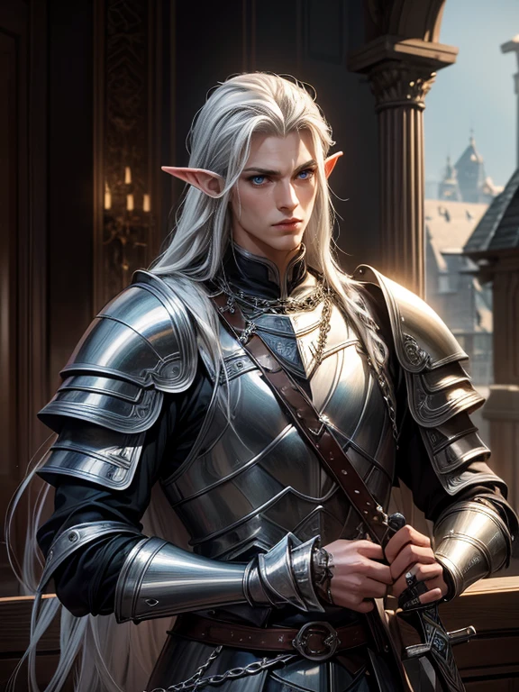 top quality, fotorealistisch, 16K, High Resolution, Unity 16K Hintergrundbild, High Resolution, ultrascharf, Meisterwerk, ((Meisterwerk)), best quality, ausdrucksstarke Augen, Meisterwerk, hochdetaillierte, exquisite Charakterkunst, epischer Fantasy-Digitalkunststil, detaillierte digitale 3D-Fantasy-Kunst, masculine, a male tall strong adult elf with long silver hair and forehead and green eyes in silver chain mail armor and armor, wearing a sword
