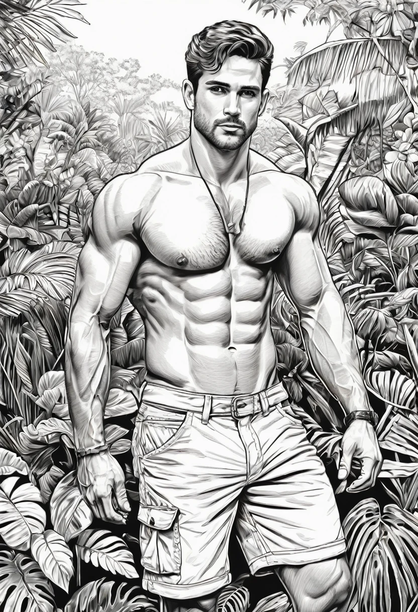 Coloring page for adults, com arte em preto e branco, um homem bonito, com lindos olhos, vestindo apenas shorts brancos, com estilo cativante, galante, sedutor, muito sensual, sexually provocative action, large volume of penis highlighted in shorts, comprimento total do corpo, desenho ultra detalhado, this man is in a jungle, com uma bela paisagem, estilo realista, fundo branco, sketch style, apenas contornos, estilo de desenho animado, Linhas finas, livro de colorir, Linhas limpas, sharp lines, arte de linha limpa altamente detalhada, obras de arte requintadas.