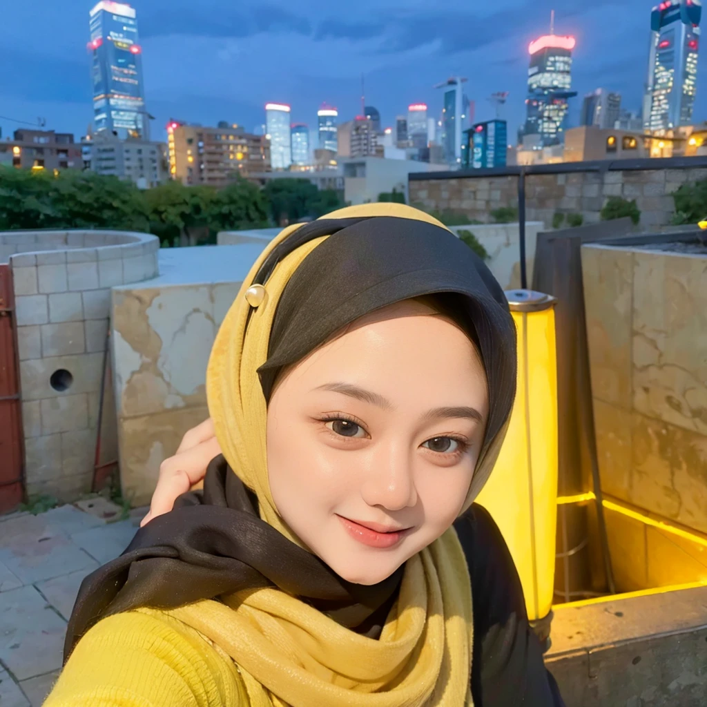 A hijab girl taking a selfie with a cheerful smile on her face, the background showing a vibrant cityscape with tall buildings and glowing streetlights, realistic, 4k 