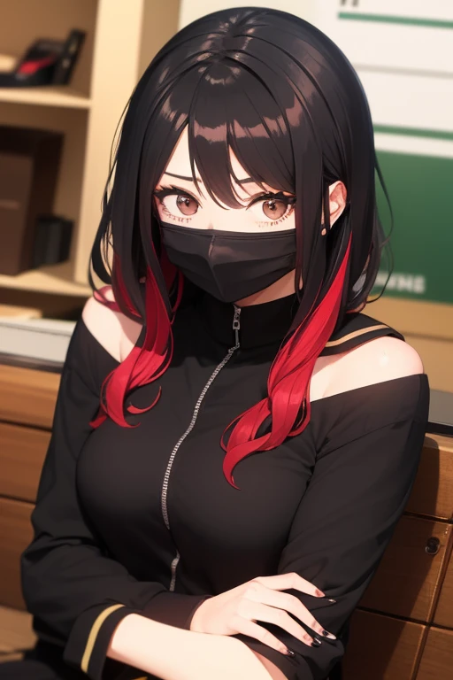 18 year old goth girl wearing black mask, cabelo preto com mechas vermelhas, sala de aula, escola, sentada em uma carteira, looking at the camera, corpo inteiro, uniforme escolar