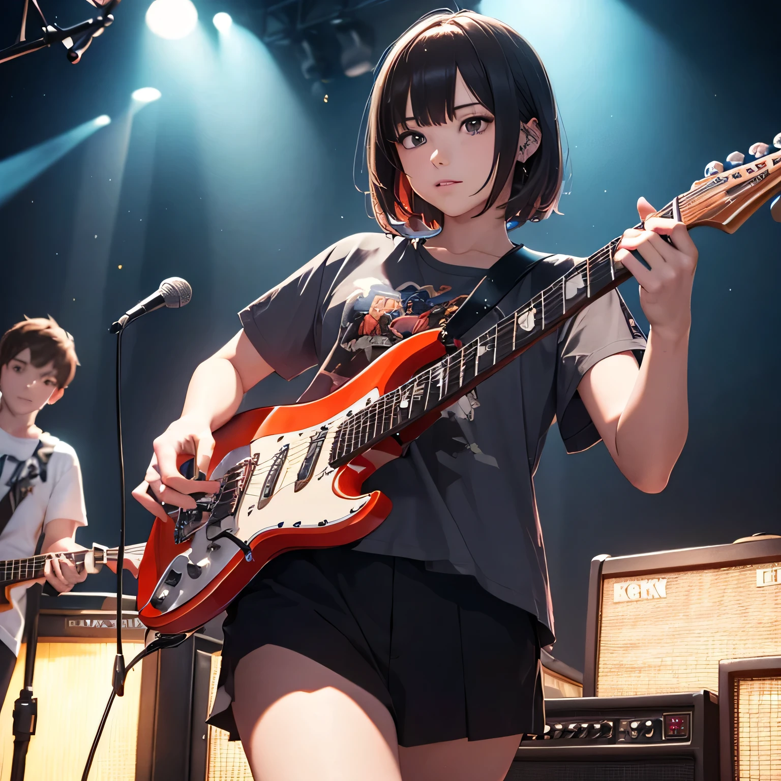 (highest quality,4K,8k,High resolution,masterpiece:1.2),Boys and Girls , Wear a shirt , Playing electric guitar, At a live music venue, Boys and Girls играет ,