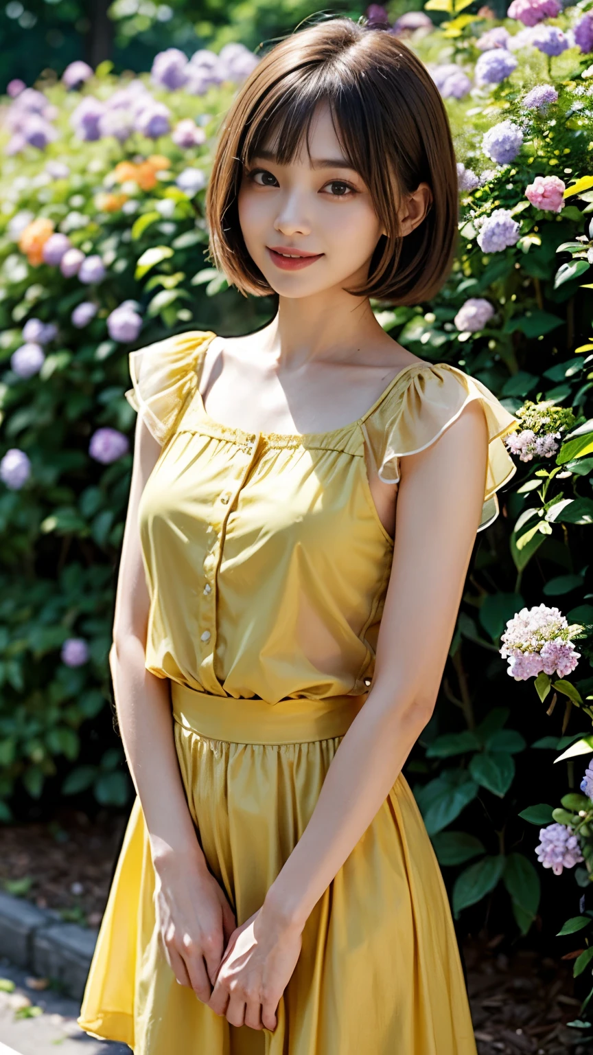 [super high quality,Masterpiece,high resolution],((日本people,woman,１people,超美people,Smile slightly)),(Short Bob Hair,Light brown hair color,Shiny Hair,Hide your forehead with bangs),(seven-headed body,Model Body Type,Small Butt,Beautiful Eyes,Beautiful Skin,Dark brown eyes),Yellow see-through short-sleeved chiffon shirt,Orange mini flared skirt,Surrounded by purple hydrangeas,it&#39;s raining,Holding an umbrella