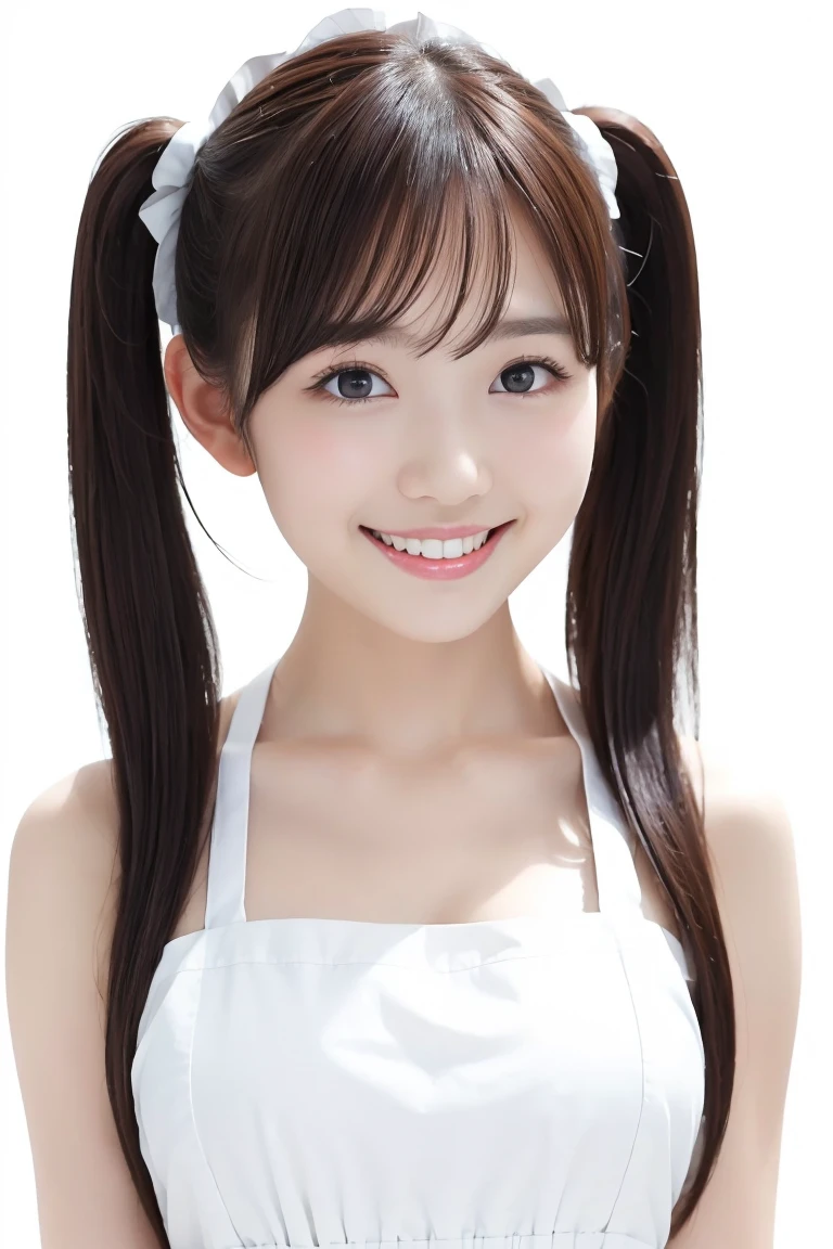(Highest quality、Tabletop、8K、Best image quality、Award-winning works)、1. pretty girl、(wavy twin tails:1.1)、(Naked and white apron:1.2)、(The perfect pure white apron:1.3)、Perfect girl portrait photo、Glowing Skin、Brown Hair、(Large Breasts:1.3)、(Accentuate your body lines:1.1)、Standing Elegantly、(Face close-up:1.3)、Woman looking up at me、Cute Smile、(The simplest solid white background:1.5)
