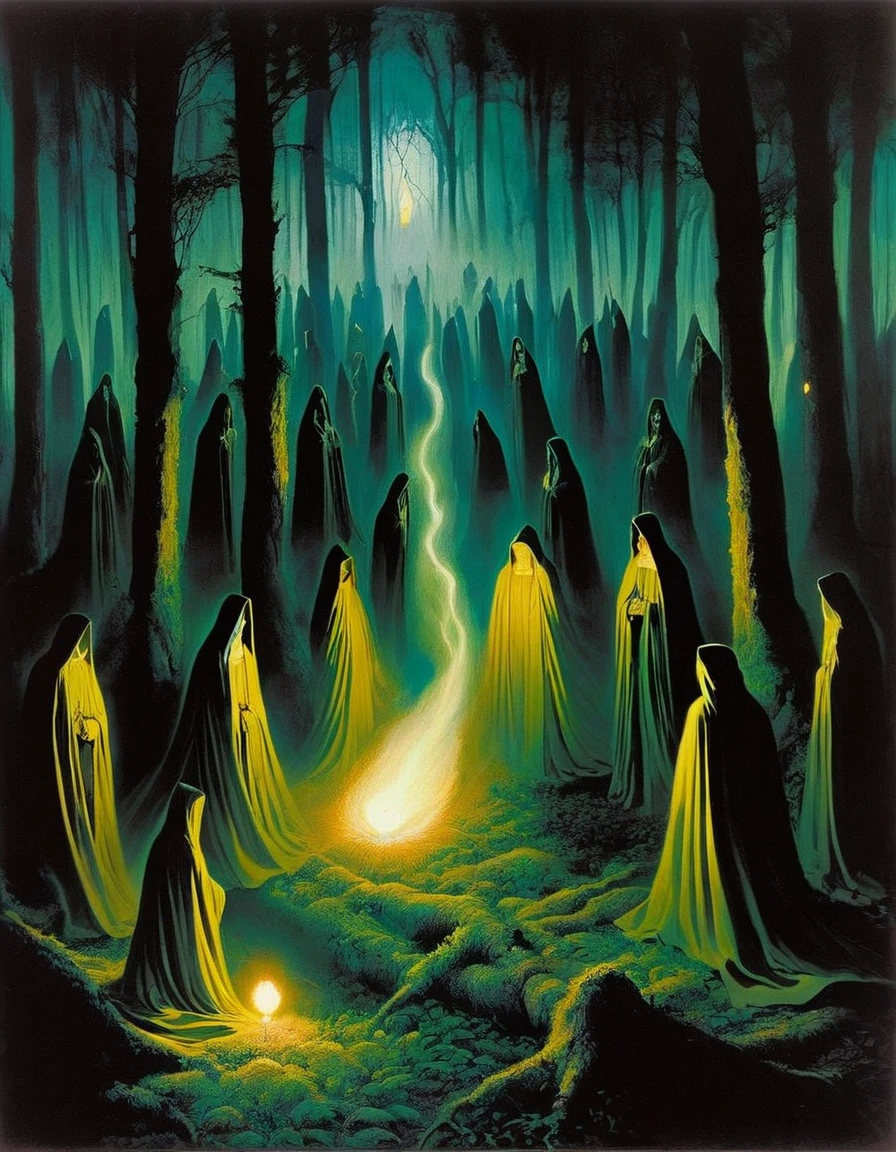 The holy company is a procession of zombies, in two lines and each one carries a candle in their hands, thus they travel the dark paths of the night forest (art inspired by Bill Sienkiewicz). oil painting)