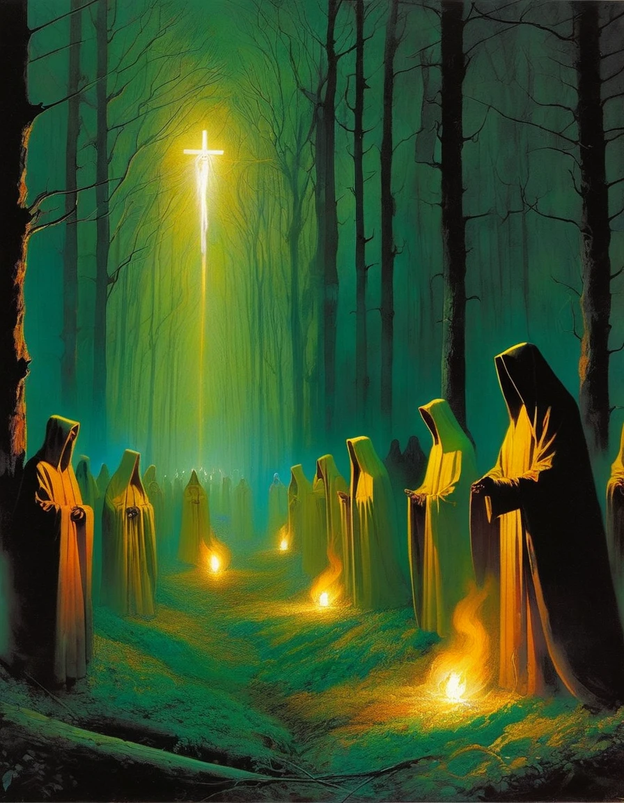 The company is the gathering of the souls of Purgatory. At twelve o'clock at night the deceased get up, go out in procession through the forest paths, a living person goes in front, and cannot, under any excuse, turn his head. Each deceased carries a light that cannot be seen, but the smell of burning wax is clearly perceived (art inspired by Bill Sienkiewicz). oil painting)