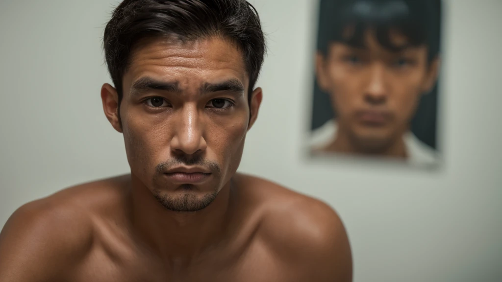 Man with serious face, de 30 anos de idade, standing forantl view, imagem do corpo pra cima