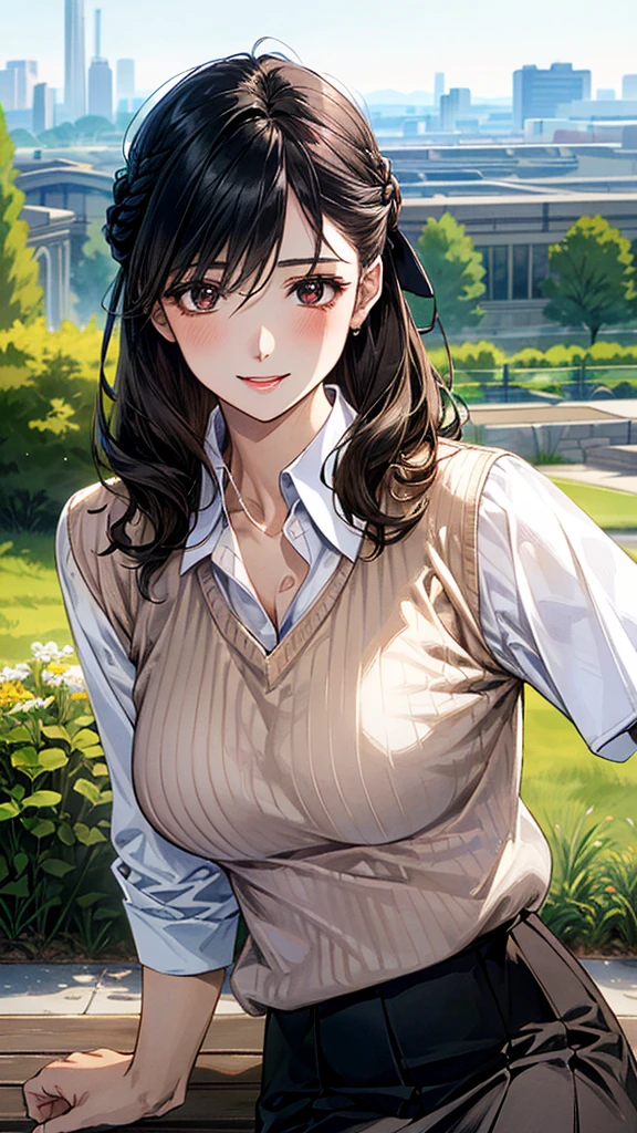 (masterpiece:1.2, Highest quality, Ultra-high resolution, Super detailed), (Realistic, photoRealistic:1.4), Beautiful illustrations, (Natural Side Lighting, Cinema Lighting), View your viewers, 1 Girl, Japanese, Adult women,30 years old, Perfect Face, (Perfect Anatomy), Cute and symmetrical face, Shiny skin, thin,(Black Hair, Medium、Updo Hair:1.4)、 Hair between the eyes, Swept-apart bangs, Brown eyes, Droopy eyes, Big eyes, Long eyelashes, (Large Breasts), Beautiful Hair, Beautiful Face, Beautiful attention to detail, Beautiful clavicle, Beautiful body, Beautiful breasts, Beautiful thighs, Beautiful feet, (((Collared shirt:1.4), Wraparound skirt:1.4, Wearing a V-neck sweater over a shirt、(Brown V-neck sweater:1.3))), (Beautiful views), Depth of written boundary, morning, (garden, distant cityscape), Sitting on a bench, (Cute smile, Upward glance, Open your mouth),