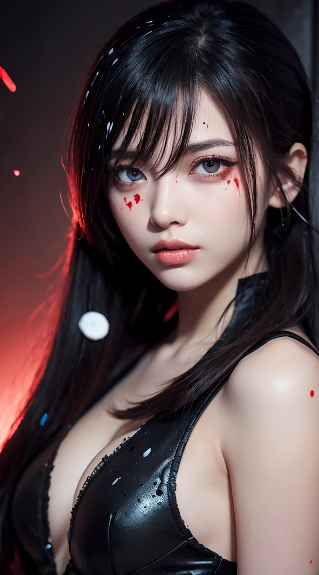 (This is a CG illustration..)(Tabletop:1.2, Highest quality), (Beautiful, detailed eyes: 1.2), (Detailed Background,Dark fantasy), (Beautifully detailed face), High Contrast, (Best lighting, Very delicate and beautiful), ((Cinematic Light)), colorful, Hyper Detail, Dramatic Light, Intricate details, (1 Girl, alone,Black Hair, Sharp Face,Low twin tails,Red eyes, Hair between the eyes,Dynamic Angle), (Blood splatter:1.4), Black light swirling around the character, Depth of written boundary,Blacklight Particle Loken Zic Circle,
