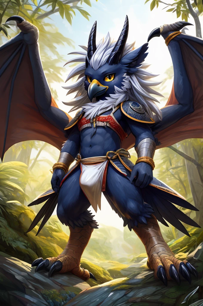 ultra-detailed, masterpiece, masterwork, high quality, best quality, hdr, (nature, japanese style), nsfw, male, solo, dragon, avian, chibi, (bulge loincloth), (navy little body crow), (long silver hair, beak, horn), detailed yellow eyes, tsurime, standing, dynamic angle, wings