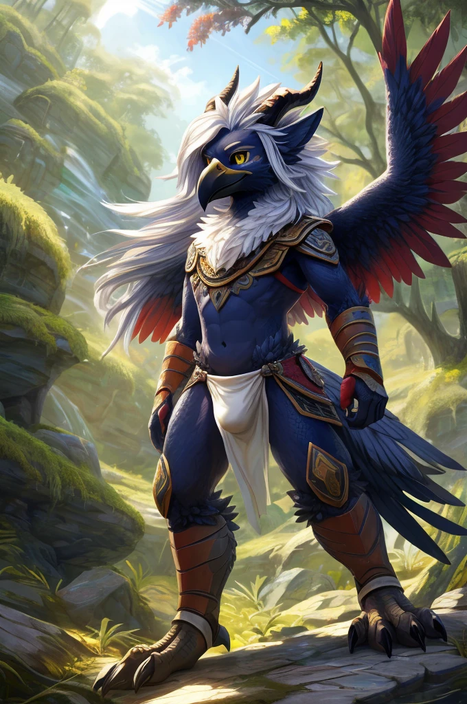 ultra-detailed, masterpiece, masterwork, high quality, best quality, hdr, (nature, japanese style), nsfw, male, solo, dragon, avian, chibi, (bulge loincloth), (navy little body crow), (long silver hair, beak, horn), detailed yellow eyes, tsurime, standing, dynamic angle, wings