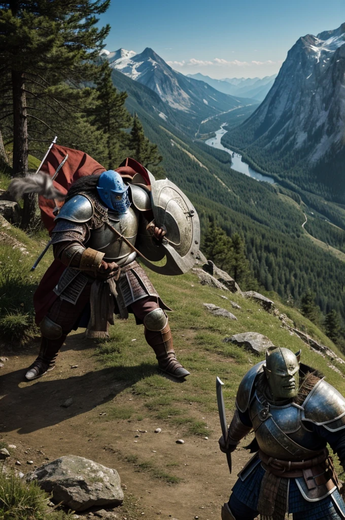 gondian knight fighting with orc on a mountain