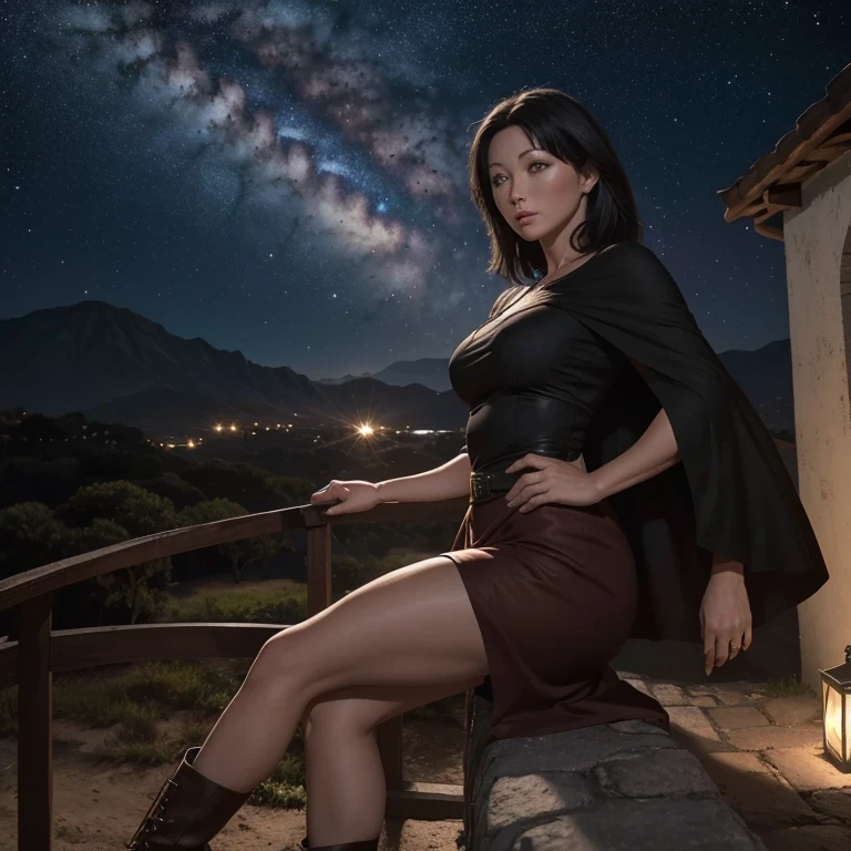 Uma bela e requintada mulher (Shannen Doherty as Prue Halliwell, from the Charmed series) standing under the starry night sky on the balcony of her monastery, action photo, dynamic angle (ultra detalhado, Obra-prima, melhor qualidade), rosto ultra detalhado (ultra detalhado, Obra-prima, melhor qualidade), ultra feminina, (pele clara: 1,3), cabelos ondulados, dynamic eye color, olhos frios, olhos brilhantes, olhos intensos, dark red lips, [presas], vestindo preto (ultra detalhado, obra-prima , melhor qualidade), usando capa branca (ultra detalhada, Obra-prima, melhor qualidade), capa longa, flowing cape (ultra detalhada, Obra-prima, melhor qualidade), usando botas de salto alto, sky full of stars in the background, lua, action photo, detalhes altos, melhor qualidade, 16k, [ultra detalhado], obra-prima, melhor qualidade, (ultra detalhado), corpo inteiro, foto ultra ampla, fotorrealismo, arte de fantasia sombria, arte de fantasia sombria, muitas estrelas, escuro arte de fantasia, feeling dread.