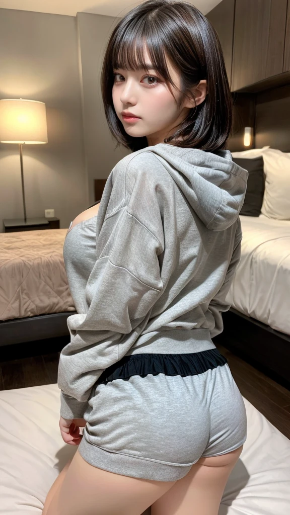 masterpiece, best quality, illustration, Super detailed, fine details, High resolution, 8K,wall paper, perfect dynamic composition,(Details High quality, realistic depiction of eyes:1.3), Oversized Light Grey Hoodie, Erotic Shorts, twintail、Lying down, black hair color, Big Natural Color Lip, bold sexy pose, (perfect body shape), crying a little、cold gaze, Harajuku style、20 year old girl、cute type、lolita、beautiful legs, hotel room, hposing Gravure Idol, Voluptuous thighs