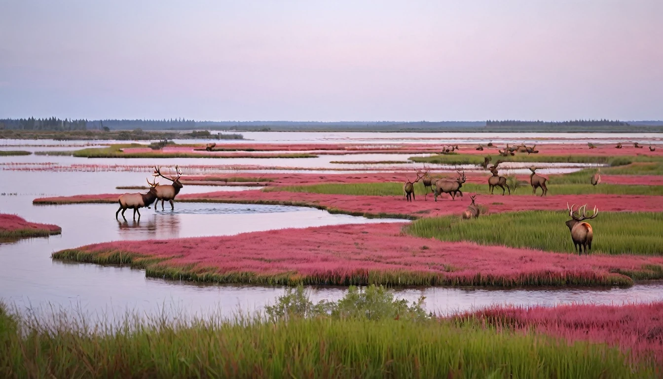 Sunset,Golden,wetlands,There is green grass。red grass,water,Elk,Elk,Elk,Elk,swan,HD,8k,raw,International Masterpieces of Photography,