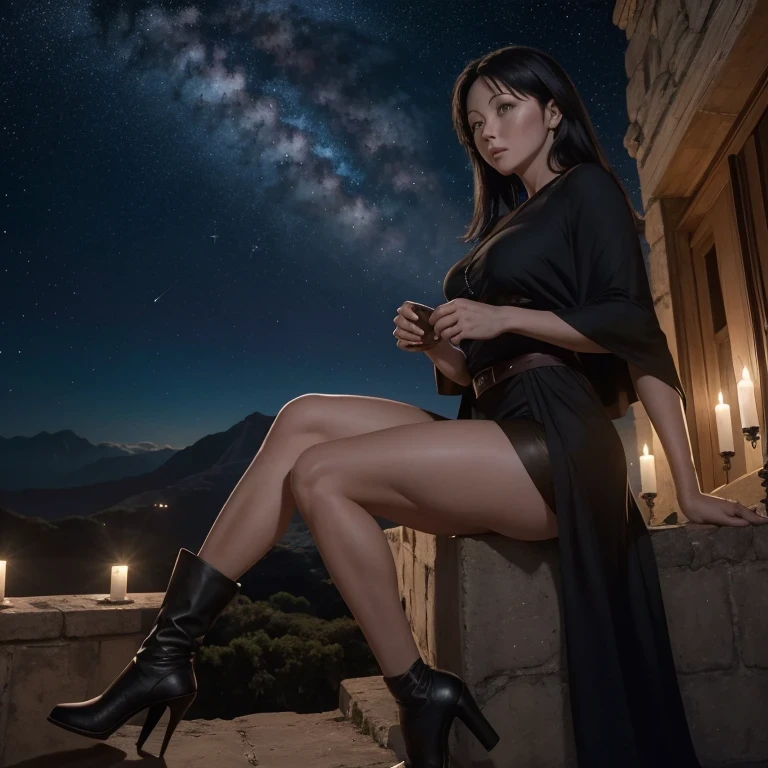 Uma bela e requintada mulher (Shannen Doherty as Prue Halliwell, from the Charmed series) standing under the starry night sky on the balcony of her monastery, action photo, dynamic angle (ultra detalhado, Obra-prima, melhor qualidade), rosto ultra detalhado (ultra detalhado, Obra-prima, melhor qualidade), ultra feminina, (pele clara: 1,3), cabelos ondulados, dynamic eye color, olhos frios, olhos brilhantes, olhos intensos, dark red lips, [presas], vestindo preto (ultra detalhado, obra-prima , melhor qualidade), usando capa branca (ultra detalhada, Obra-prima, melhor qualidade), capa longa, flowing cape (ultra detalhada, Obra-prima, melhor qualidade), usando botas de salto alto, sky full of stars in the background, lua, action photo, detalhes altos, melhor qualidade, 16k, [ultra detalhado], obra-prima, melhor qualidade, (ultra detalhado), corpo inteiro, foto ultra ampla, fotorrealismo, arte de fantasia sombria, arte de fantasia sombria, muitas estrelas, escuro arte de fantasia, feeling dread.