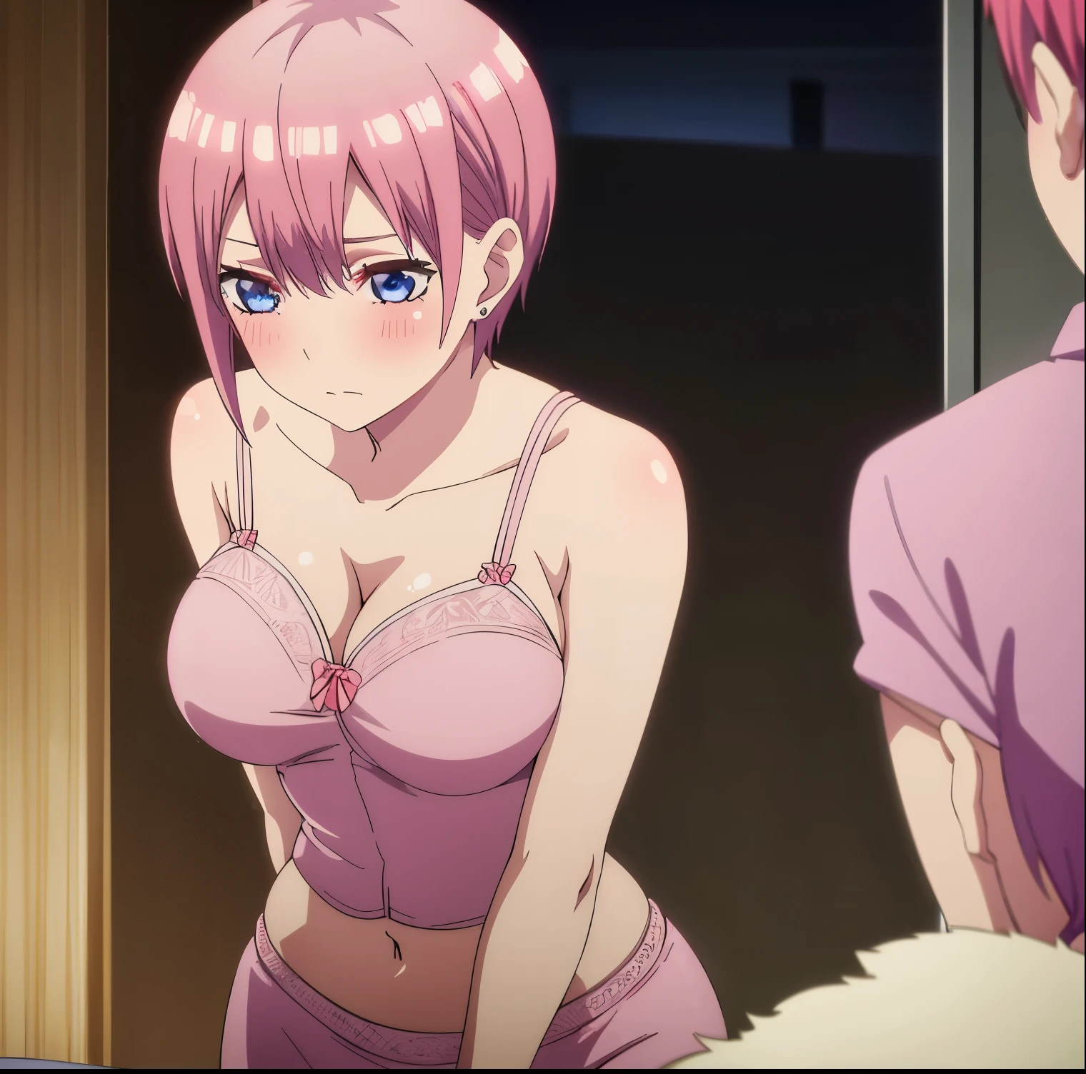 1 girl,solo,ichika nakano,short hair,salmon pink hair,blue eyes,smooth light skin,detailed eyes,seductive,embarrassed,blushing,looking at viewer,pink hair,earrings,standing,underwear, black lingerie , black lace lingerie, 2-piece lingerie, black pantyhose, barefoot, navel, sexy body, curvy body, dynamic pose, bag, bangs, high quality, big breasts, medium waist, wide hips, medium thighs, indoor, hotel japanese style, room, bed, (1girl)), ((solo)), standing, best quality, ultra detailed, masterpiece, front view, ((focus on breasts)), (round breasts) dot view (from front), perfect anatomy, perfect hands