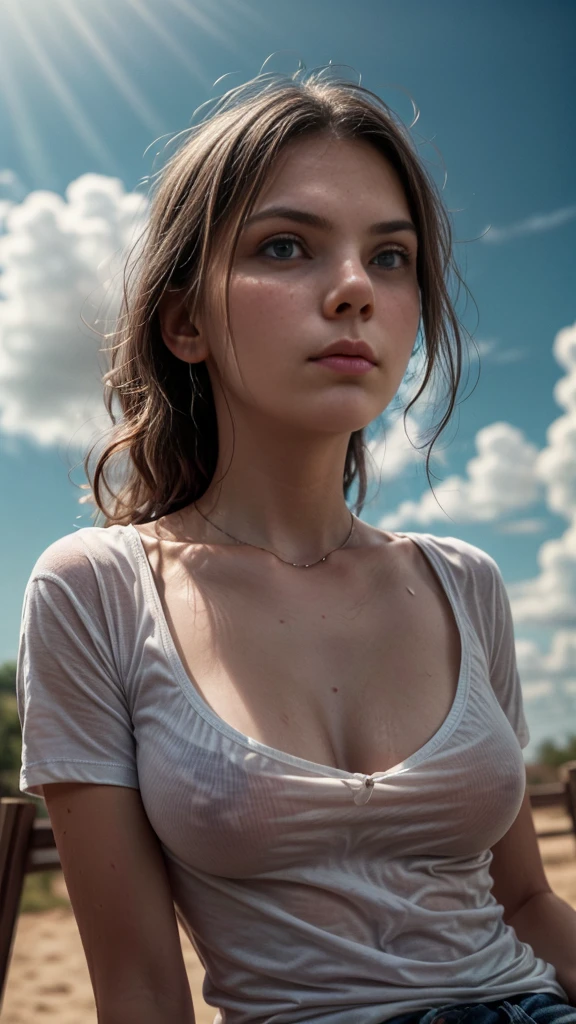 (best quality,4k,8k,highres,masterpiece:1.2),ultra-detailed,(realistic,photorealistic,photo-realistic:1.37), (Dafne Keen) profesional photograph by dunitskiy david, natural light, close up portraits, a beautiful young girl, wearing (low neckline t-shirt:1.3), bottomless, vintage look, soft glow, elegant beauty, detailed blue grey eyes, elegant pose, delicate skin texture, flowing hair, innocent expression, proportional posture, naturally sagging breast, sweaty, feel tired waiting for someone, old stable, subtle shadows, wonderful sky and clouds background, shallow depth of field, high contrast, dark and bright, fine art photography, low angle, (seen from below:1.0), photon mapping, summer atmosphere