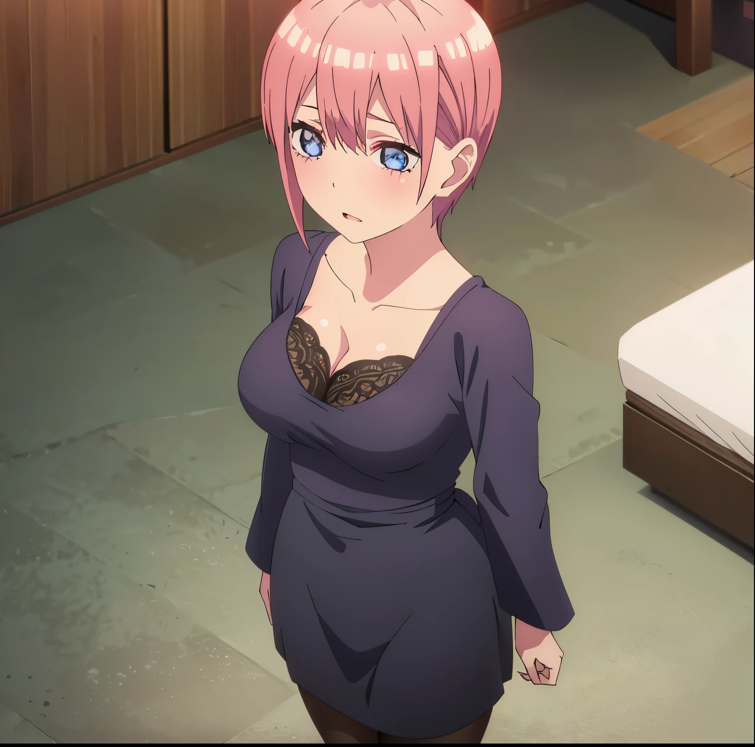 1 girl,solo,ichika nakano,short hair,salmon pink hair,blue eyes,smooth light skin,detailed eyes,seductive,embarrassed,blushing,looking at viewer,pink hair,earrings,standing,underwear, black lingerie , black lace lingerie, 2-piece lingerie, black pantyhose, barefoot, navel, sexy body, curvy body, dynamic pose, bag, bangs, high quality, big breasts, medium waist, wide hips, medium thighs, indoor, hotel japanese style, room, bed, (1girl)), ((solo)), standing, best quality, ultra detailed, masterpiece, front view, ((focus on breasts)), (round breasts) dot view (from front), perfect anatomy, perfect hands