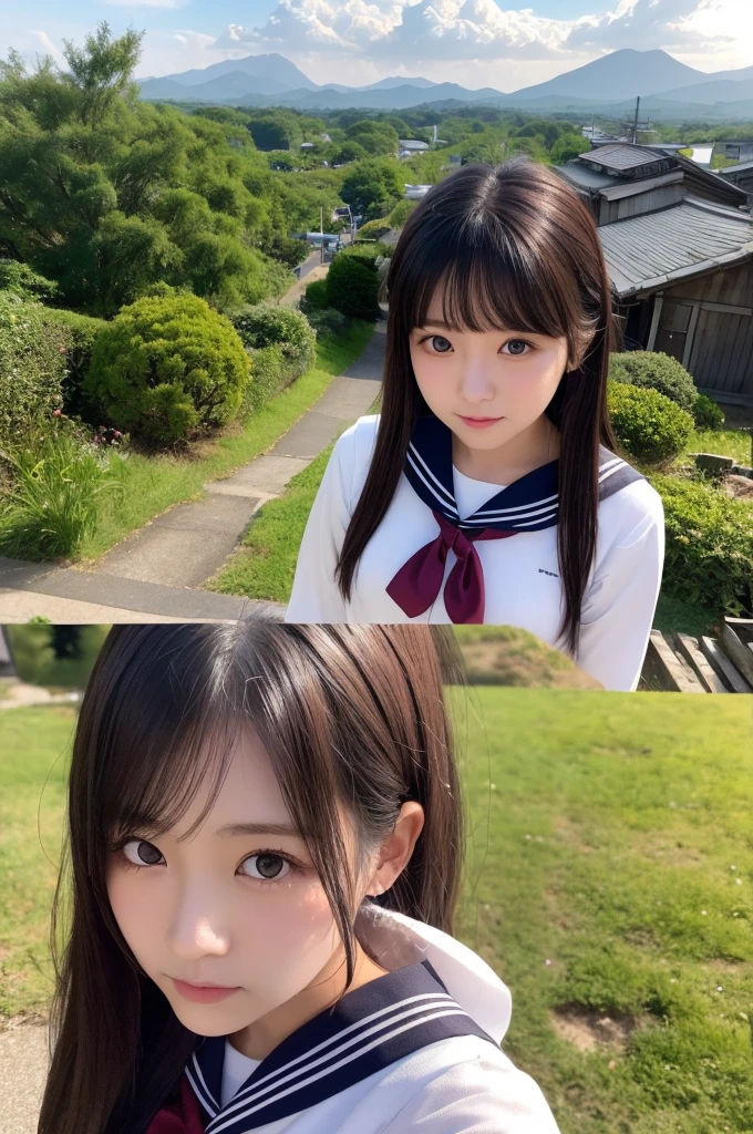 (1 Girl )、(Beautiful Japanese、18years old,round face、Refreshing、clear、seems kind、stylish、Pitiful、cute like an angel、cute、black eyes、,actress,Almond-shaped eyes,Translucent white skin、Beautiful skin), Japan human face , (((Beautiful breasts:0.4))),(((soft breasts))),(very cute),(Black hair),(enchanting eyes),(highlight on eyes:1.2)、(8K、Live shooting、highest quality、masterpiece:1.2、optimal lighting)、((masterpiece)),(Photo taken by a professional photographer),(real、photo real:1.4),break,{(cute Japanese high school sailor uniform),((Sailor Suit:1.0))},(cheeks are red:1.3), break, break,Face shot:1.3、 face close-up,Looking at viewer、From above,happy,Lonely face,Troubled face,Japanese countryside shrine,evening、Japanese countryside,evening、sunset、(Cleavage:0.1)、cumulonimbus