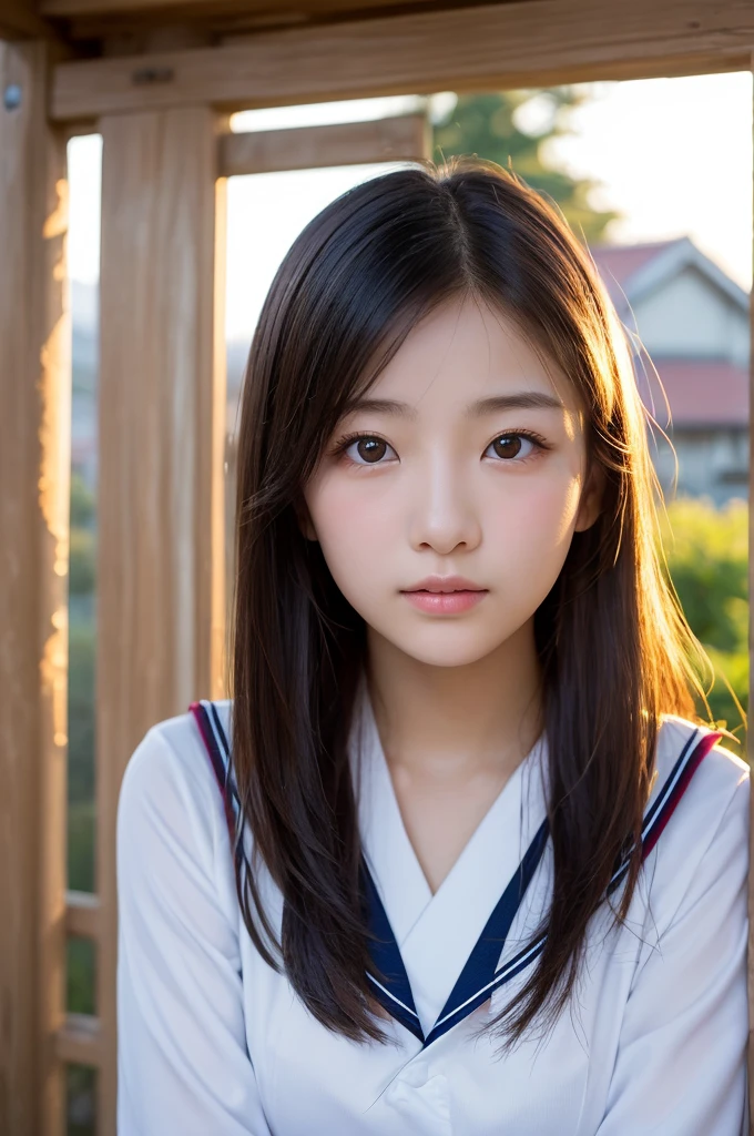 (1 Girl )、(Beautiful Japanese、18years old,round face、Refreshing、clear、seems kind、stylish、Pitiful、cute like an angel、cute、black eyes、,actress,Almond-shaped eyes,Translucent white skin、Beautiful skin), Japan human face , (((Beautiful breasts:0.4))),(((soft breasts))),(very cute),(Black hair),(enchanting eyes),(highlight on eyes:1.2)、(8K、Live shooting、highest quality、masterpiece:1.2、optimal lighting)、((masterpiece)),(Photo taken by a professional photographer),(real、photo real:1.4),break,{(cute Japanese high school sailor uniform),((Sailor Suit:1.0))},(cheeks are red:1.3), break, break,Face shot:1.3、 face close-up,Looking at viewer、From above,happy,Lonely face,Troubled face,Japanese countryside shrine,evening、Japanese countryside,evening、sunset、(Cleavage:0.1)、cumulonimbus