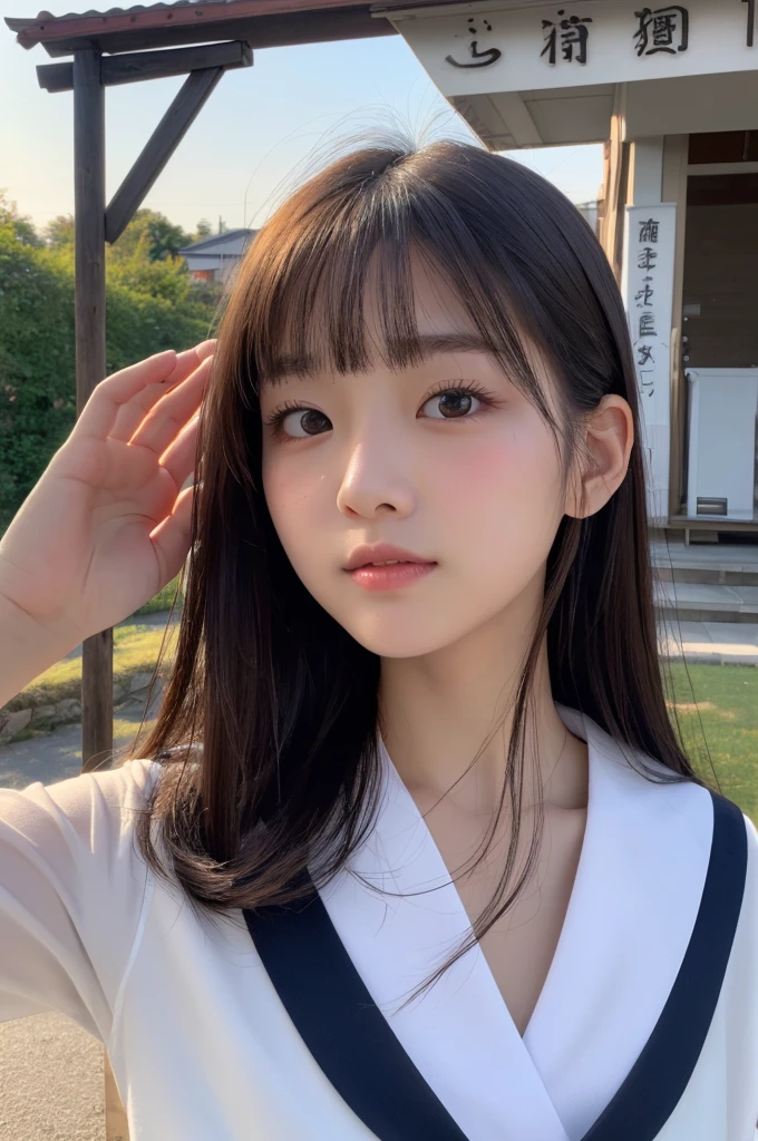 (1 Girl )、(Beautiful Japanese、18years old,round face、Refreshing、clear、seems kind、stylish、Pitiful、cute like an angel、cute、black eyes、,actress,Almond-shaped eyes,Translucent white skin、Beautiful skin), Japan human face , (((Beautiful breasts:0.4))),(((soft breasts))),(very cute),(Black hair),(enchanting eyes),(highlight on eyes:1.2)、(8K、Live shooting、highest quality、masterpiece:1.2、optimal lighting)、((masterpiece)),(Photo taken by a professional photographer),(real、photo real:1.4),break,{(cute Japanese high school sailor uniform),((Sailor Suit:1.0))},(cheeks are red:1.3), break, break,Face shot:1.3、 face close-up,Looking at viewer、From above,happy,Lonely face,Troubled face,Japanese countryside shrine,evening、Japanese countryside,evening、sunset、(Cleavage:0.1)、cumulonimbus
