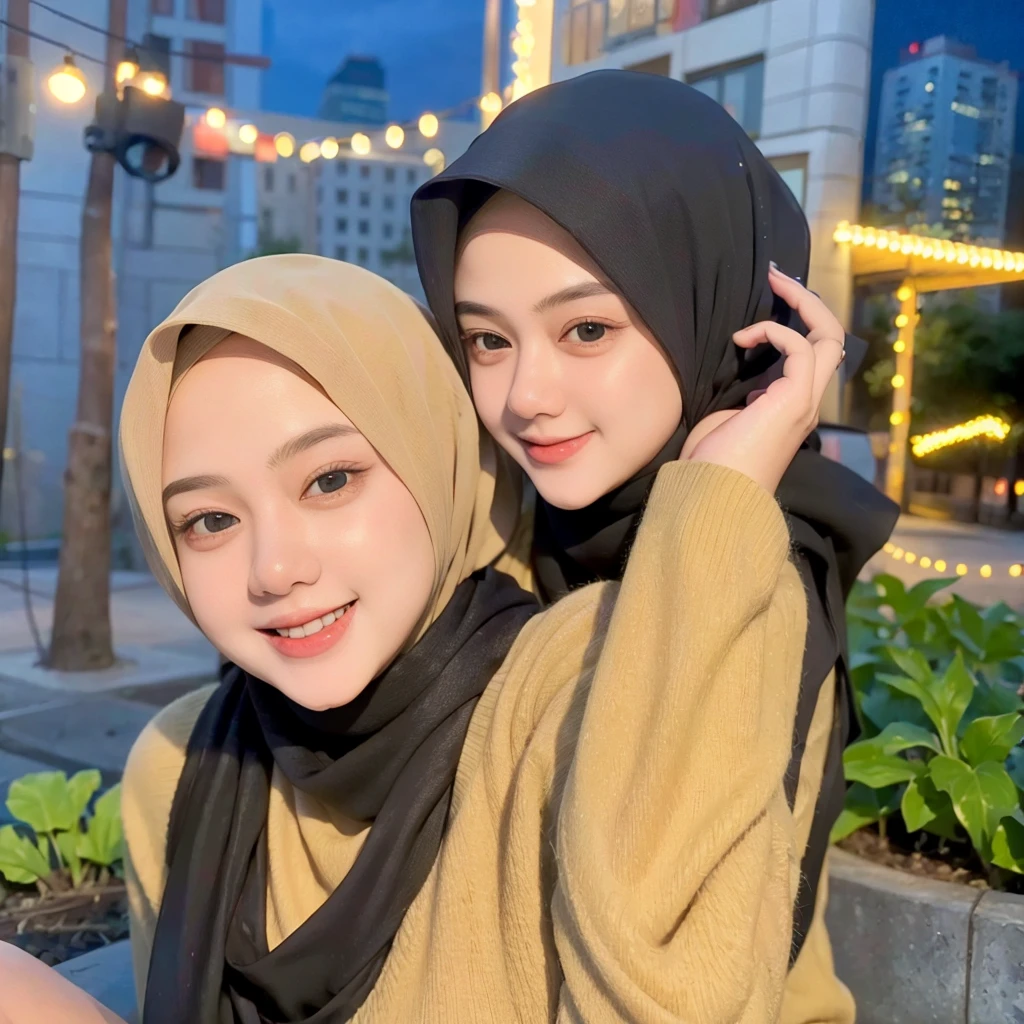 A hijab girl taking a photo shoot with a cheerful smile on her face, the background showing a vibrant cityscape with tall buildings and glowing streetlights, realistic, 4k
