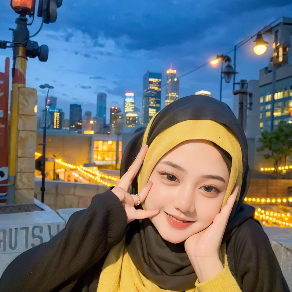 A hijab girl taking a photo shoot with a cheerful smile on her face, the background showing a vibrant cityscape with tall buildings and glowing streetlights, realistic, 4k