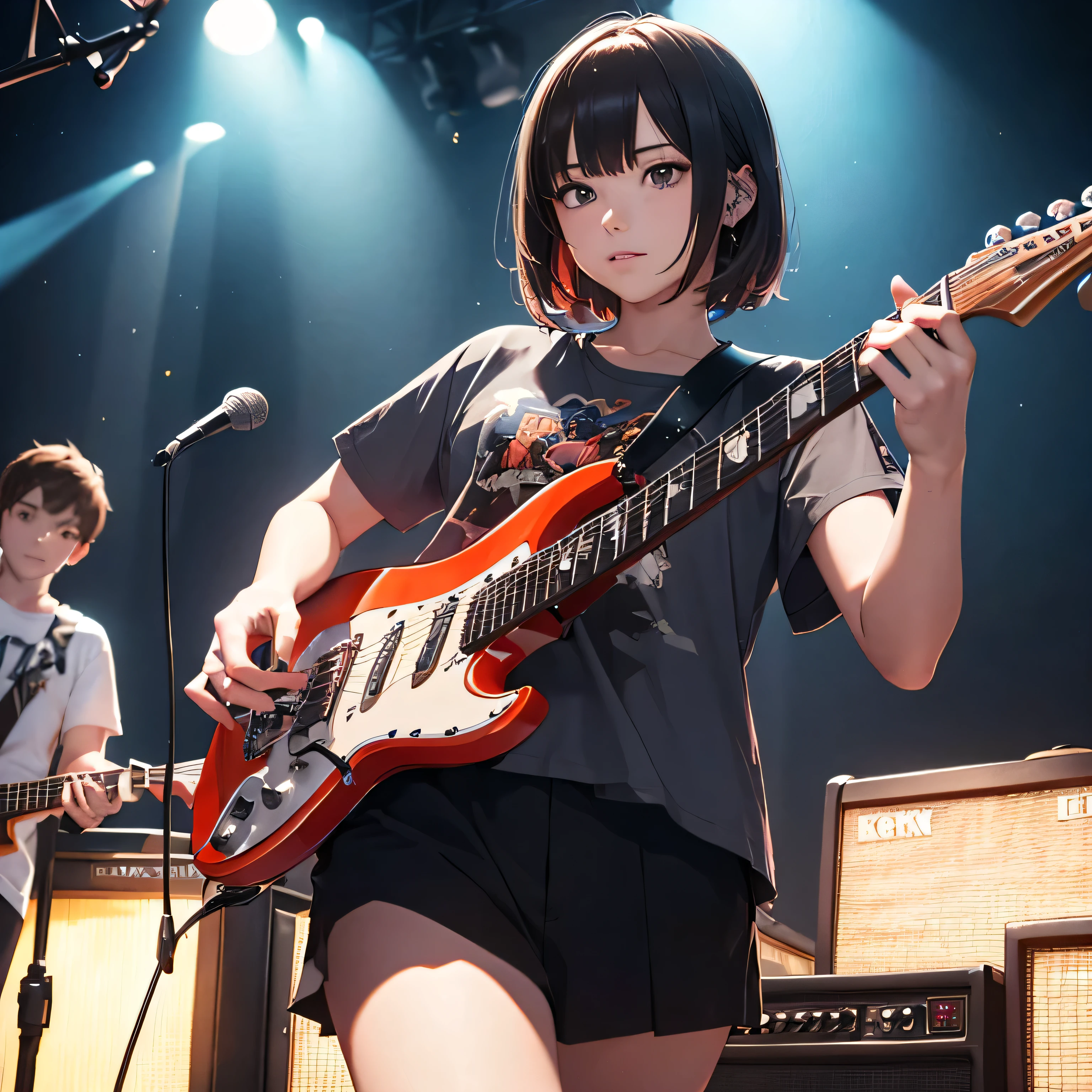 (highest quality,4K,8k,High resolution,masterpiece:1.2),Boys and Girls , Wear a shirt , Playing electric guitar, At a live music venue, Boys and Girls играет ,