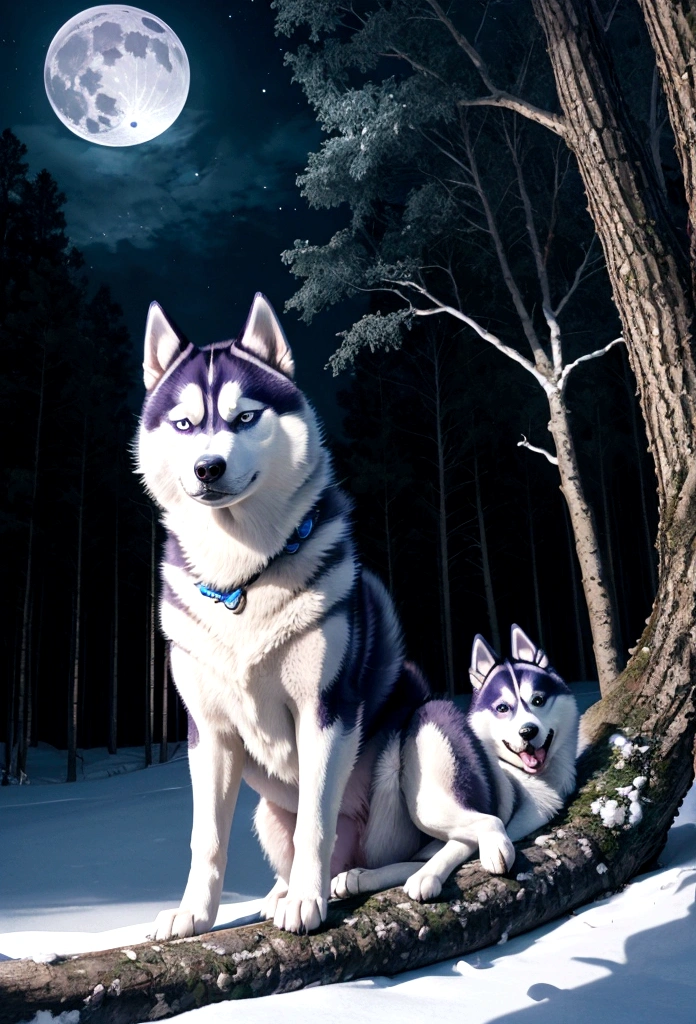 Siberian husky in the forest.lying on a tree、Rin々A good appearance、Moonlit Night